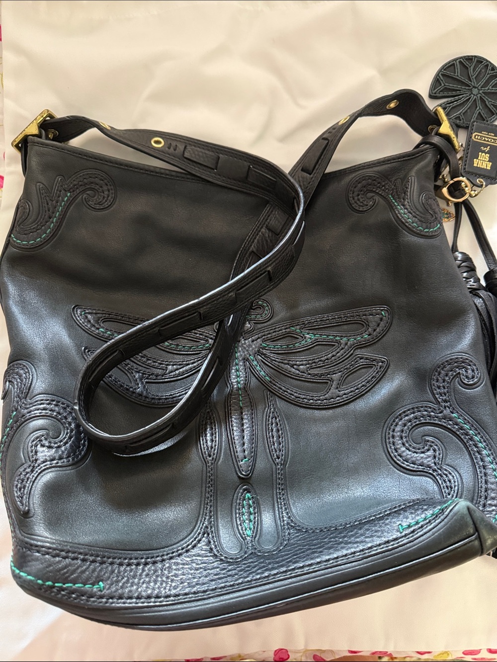 Coach Anna Sui black leather dragonfly duffle shoulder bag